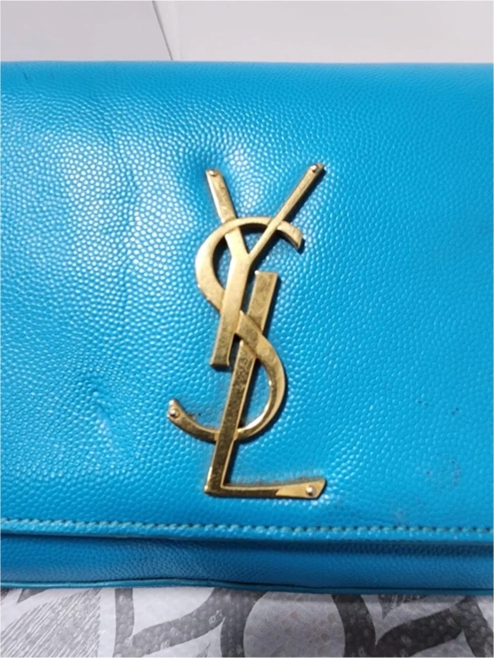 Authentic YVES SAINT LAURENT Caviar Leather Cassandre Clutch Bag turquoise - Picture 9 of 15